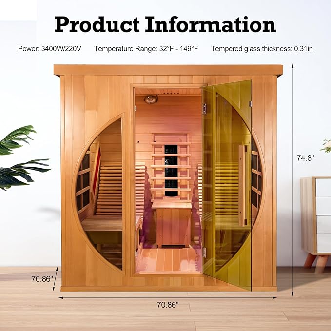 ZONEMEL Infrared Wi-Fi Remote Control Sauna with Recliner, Red Cedar Wooden Luxury Indoor Sauna Room with 9 Heating Panels, Full Spectrum, Oxygen Bar, 3400 Watt, 220V, 7-Color Light
