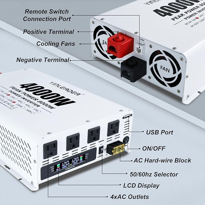 4000W Power Inverter 12V DC to 110V 120V AC (Peak 8000W) for RV, Truck, Off-Grid, Solar, Home & Vehicles | 4 AC Outlets, 3.1A USB Port | LCD Display, Remote Controller (16.5Ft Cable) & Hardwire Kit
