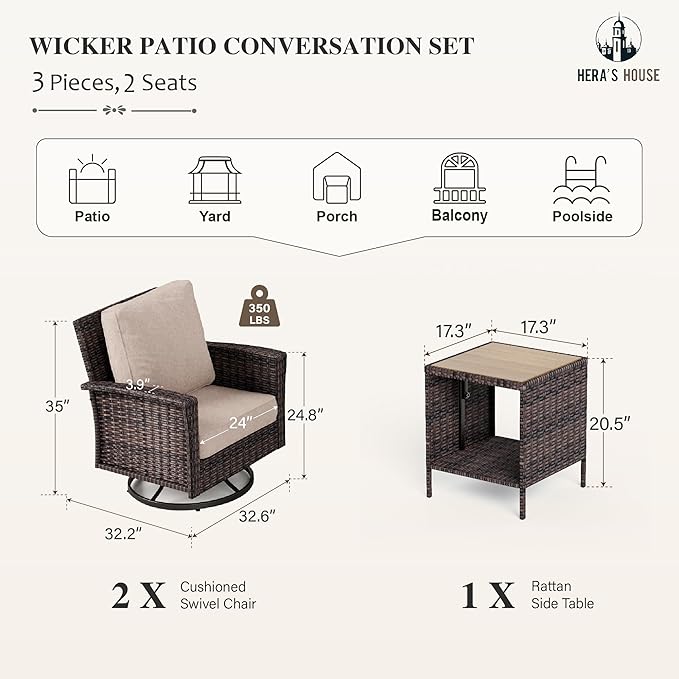 Oversized Patio Wicker Chairs, High Back Outdoor Swivel Chairs Set of 2 with Rattan Side Table, 5.5" Thick Cushions, 3-Piece Patio Furniture Sets for Deck Porch Pool, Brown/Beige