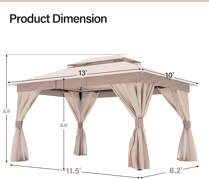LAUSAINT HOME Outdoor Patio Gazebo 10'x13' with Expansion Bolts, Heavy Duty Gazebos Shelter Party Tent with Double Roofs, Mosquito Nets and Privacy Screens for Backyard, Garden, Lawn, Champagne Khaki