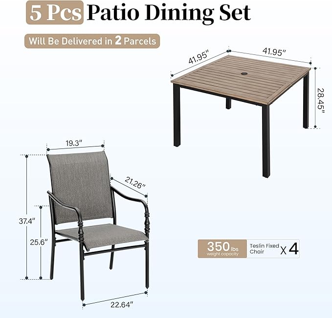 Patio Table and Chairs Set of 4, All-Weather Breathable Textilene Patio Chair with Gourd-Shaped Armrests, 42x42 Wood-Like Table with Umbrella Hole, 5 Pcs Metal Frame Patio Dining Set
