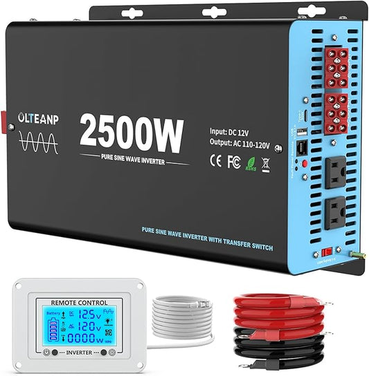 2500W Pure Sine Wave Inverter with Transfer Switch, 12V DC to 120V AC Converter with 2AC Outlets, USB Port, Type-C Port, Remote Controller, Power Inverter for RV, Outdoor, Auto Swtich to Shore Power