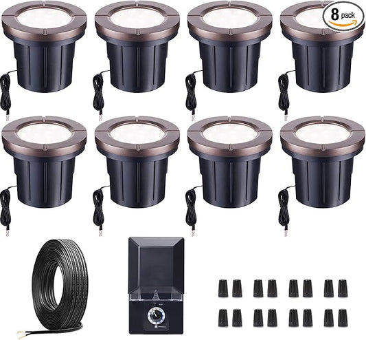 Landscape Well Light Kit, 8 Pack LED Low Voltage In Ground Lights and 100W Transformer and 100FT Cable and 30 Wire Connectors, IP67 Waterproof 12V Outdoor, Aluminum for Sidewalk Tree Path