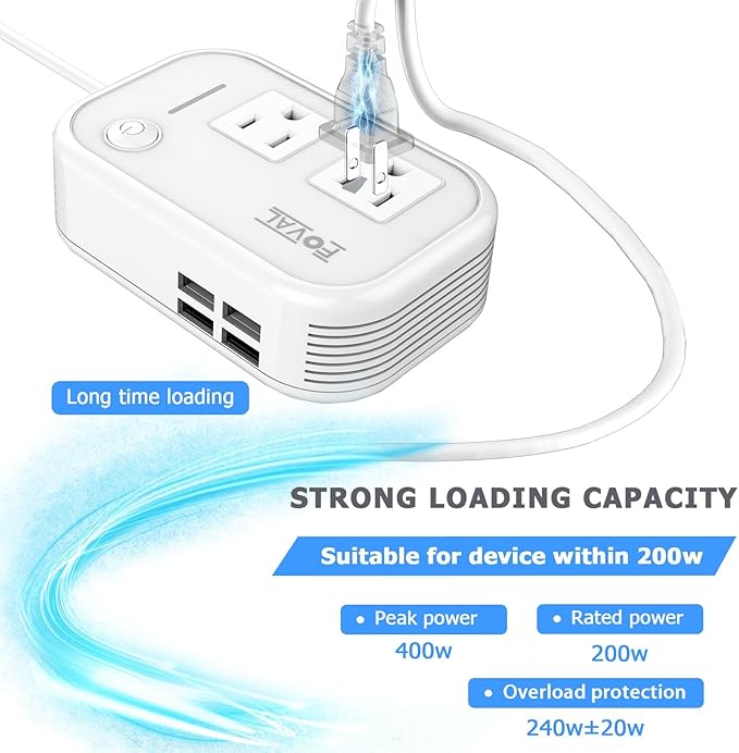 200W Car Power Inverter, FOVAL 12V DC to 110V AC Car Inverte with 4 USB Ports Car Outlet Adapter, Power Inverter for Vehicles, Car Plug Adapter Outlet for Laptop Computer Charger (White)