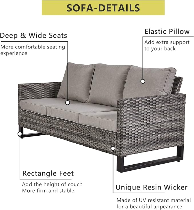 HUMMUH 7 Piece Patio Furniture with Fire Pit 30in 55,000 BTU,PE Wicker Outdoor Conversation Sets - Couch,Patio Swivel Chairs and Ottomans,Side Table for Porch,Garden,Backyard