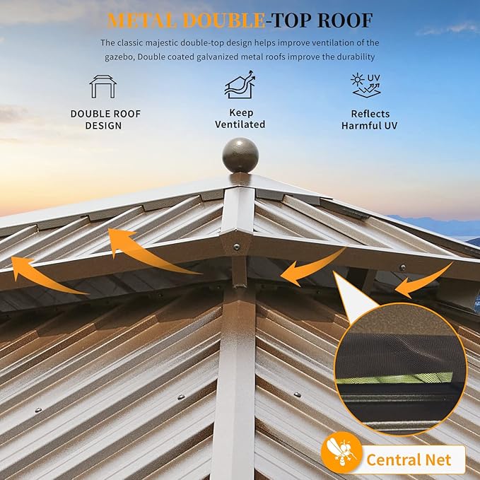 YOLENY 12' x 16' Hardtop Gazebo with Galvanized Steel Double Roof, Pergolas Aluminum Frame, Netting and Curtains Included, Metal Outdoor Gazebos for Garden, Patios, Lawns, Parties
