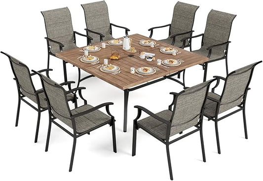 9 Piece Patio Dining Sets for 8, Outdoor Table and Chairs Set with Large Square Patio Dining Table and 8pcs Patio Stable Chairs, Outdoor Dining Sets for Backyard Deck Garden