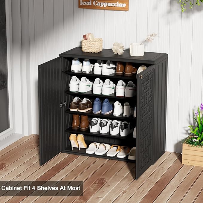KINYING Outdoor Storage Cabinet Waterproof, Resin 60 Gallon Deck Box for Patio Furniture Cushions, Garden Tools, Pool Tools and Kids’ Toys (Black with 1 Shelving)