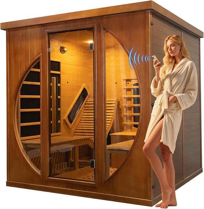 ZONEMEL Infrared Wi-Fi Remote Control Sauna with Recliner, Red Cedar Wooden Luxury Indoor Sauna Room with 9 Heating Panels, Full Spectrum, Oxygen Bar, 3400 Watt, 220V, 7-Color Light