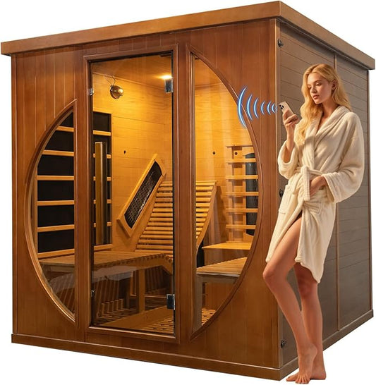 ZONEMEL Infrared Wi-Fi Remote Control Sauna with Recliner, Red Cedar Wooden Luxury Indoor Sauna Room with 9 Heating Panels, Full Spectrum, Oxygen Bar, 3400 Watt, 220V, 7-Color Light