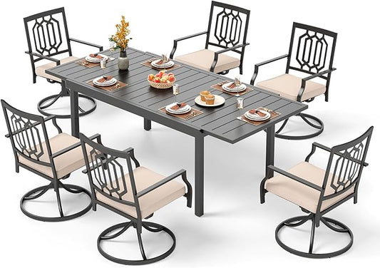 PHI VILLA 7 Piece Patio Dining Set,1 Extendable Dining Table and 6 Swivel Patio Dining Chairs Support 300 lbs for Outdoor Backyard Bistro Furniture Set with Cushion