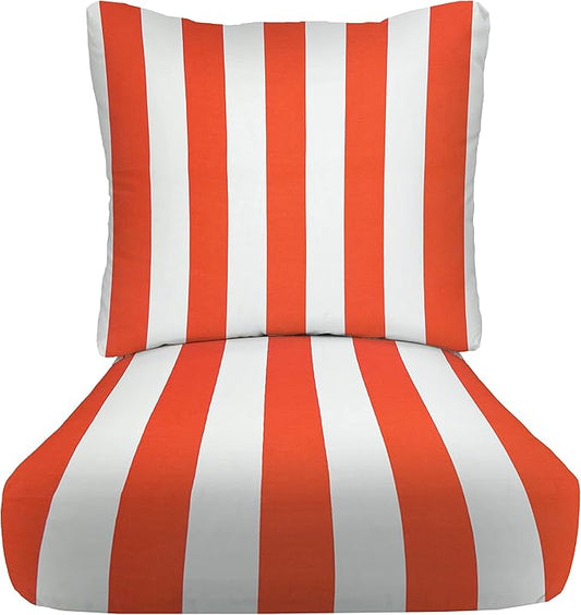 RSH DECOR: Deep Seating Cushion with Pillow Back | 24” x 27” Seat | All-Weather Spun Fabric | Water and Fade-Resistant | Outdoor Chair Cushion Set for Patio Furniture | Coral & White Stripe