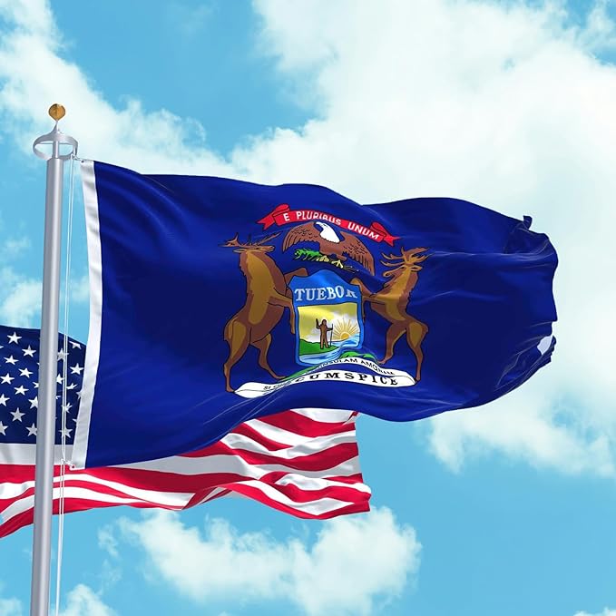 FLAGWIN Michigan Flag 3x5 FT - 3 Ply Double Sided Polyester Michigan State Flag with Brass Grommets - Vivid Color and Fade Proof State of Michigan Flags 3x5 Outdoor