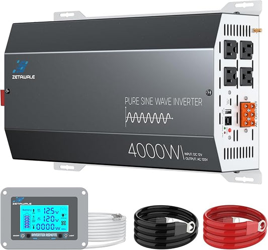 4000 Watt Pure Sine Wave Inverter 12v DC to 110v 120v AC Converter,8000W Peak Power Inverter with 4 AC Outlets,USB Port,Type-C,Remote Control LCD Display for Truck, RV, Vehicles, Solar Off-Grid
