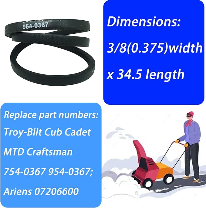754-0367 Snowblower Drive Belt 3/8" x 34.5" for Troy-Bilt Cub Cadet MTD Craftsman White Outdoor 754-0367 75-157 Ariens Gravely 07206600 07208600 Toro 251028 Stens 265-256(2 Pcs)