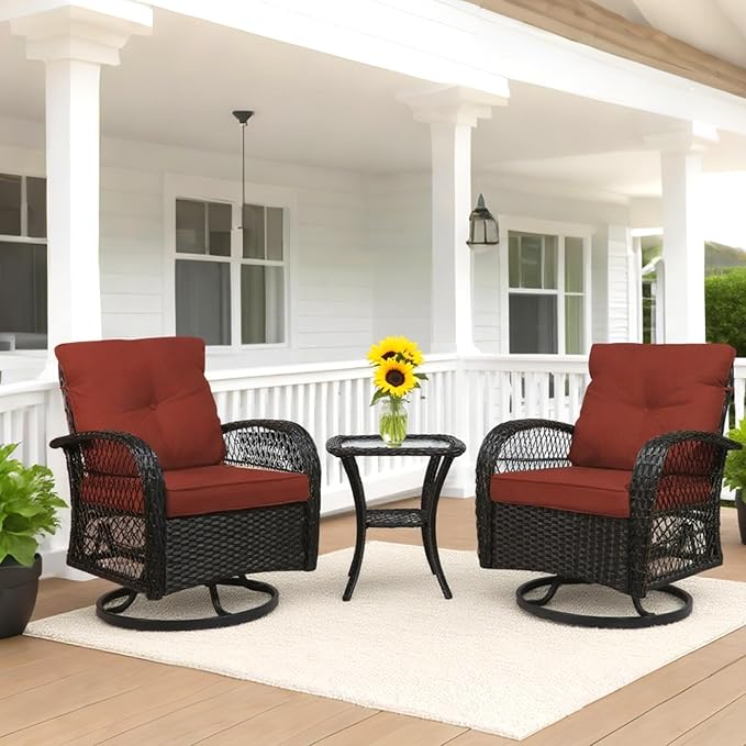 Patio Furniture Set Swivel Rocker, Outdoor Patio Chairs, 3 Piece Suit Porch Furniture Rocking Set, Backyard Rocker Rattan Chair, with Thickened Cushions and Glass Coffee Table(Wine Red)