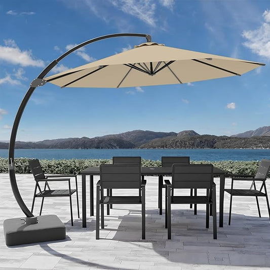 7-Piece Patio Dining Set with 11 FT Curvy Cantilever Umbrella, HDPE Tabletop & Aluminum Frame All-Weather Outdoor Furniture for Garden, Backyard, Poolside, Black