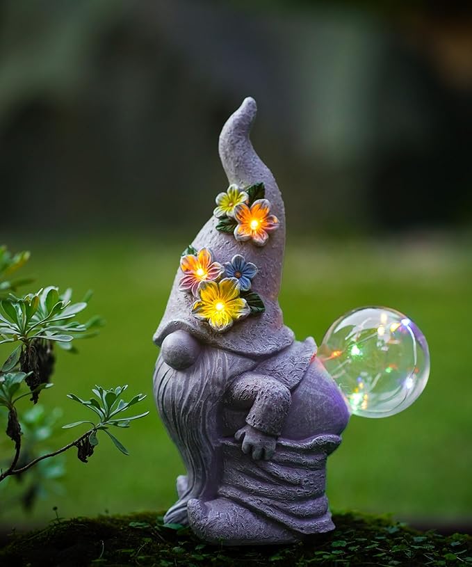 Funny Garden Gnome Statue with Lights, Outdoor Sculpture Decor for Home Yard Lawn Porch Balcony Patio,Gardening Gifts for Women Mom Grandma
