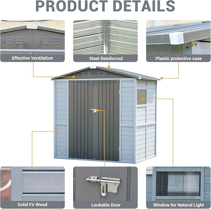 Galvanized Steel Frame & Solid Cedar Wood Wall Shed | 4x6ft Outdoor Storage Shed with 9-Level Wind Resistance & 10-Grade Waterproof Roof, Lockable Double Doors & 2 Windows for Garden Patio