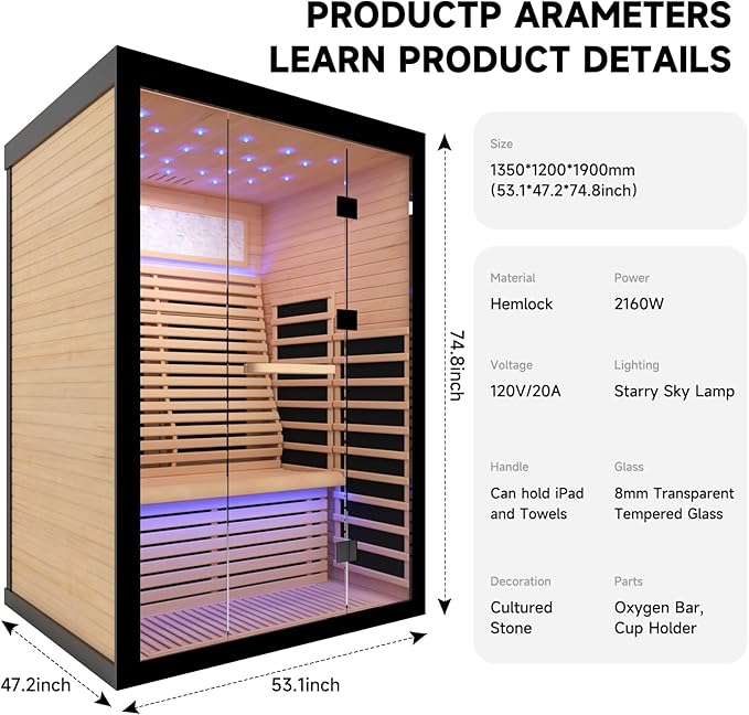 2 Person Infrared Sauna Room Far Infrared Saunas Home Canadian Hemlock Indoor 2100W Low-EMF Dry Saunas with Oxygen Bar 7 Color Therapy 53.1 * 47.2 * 74.8inch
