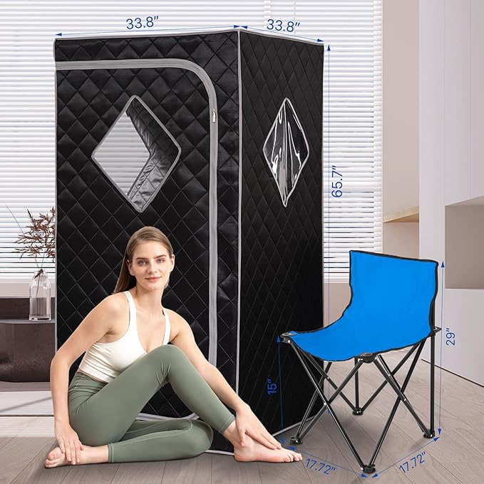 ZONEMEL Full Size Portable Steam Sauna, Personal Home Spa, 1500 Watt 4 Liter Steamer with Remote Control, Timer, Foldable Chair (L 33.8" x W 33.8" x H 65.7", Black)