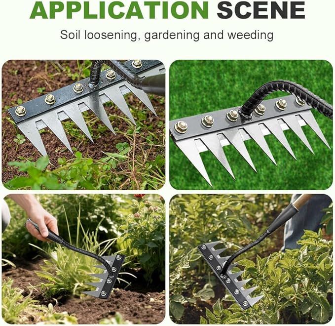 2025 Upgrade Iron Weeding Rake 2.0, 5/6/7/8 Teeth Carbon Steel Garden Weeder Rakes, Iron Rake for Yard Lawn and Garden, Heavy-Duty Garden Hand Weeder Puller Tool for Gardening and Weedings (5 Teeth)