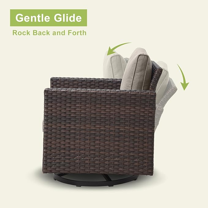 Rilyson Wicker Outdoor Patio Furniture Set - 5 Piece Patio Conversation Set with 2 Swivel Rocker Chairs,2 Rattan Ottoman and 1 Metal Side Table for Outside Porch Deck Backyard Garden(Brown/Grey)