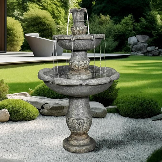 Garden Rustic Outdoor Floor 2-Tier Water Fountains 48.4" H Classical Flowerpot Shape Top Concrete Fountain and Waterfalls for Outdoor, Garden, Backyard, Porch, Deck, Patio