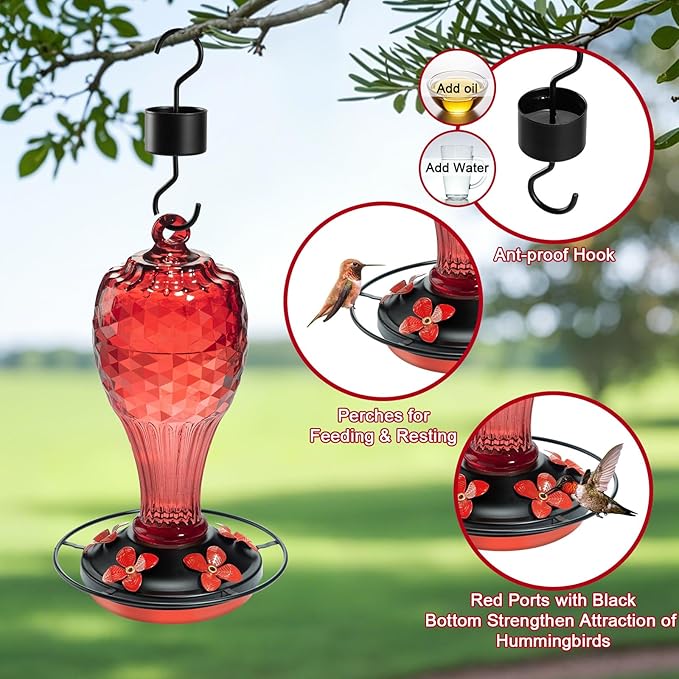 Hummingbird Feeder, Hand Blown Glass Hummingbird Feeders for Outdoors Hanging with Ant Moat, 5 Feeding Ports, Leak-Proof, 20 Ounces, Never Fade Garden Backyard Decoration, Gift for Mom Dad
