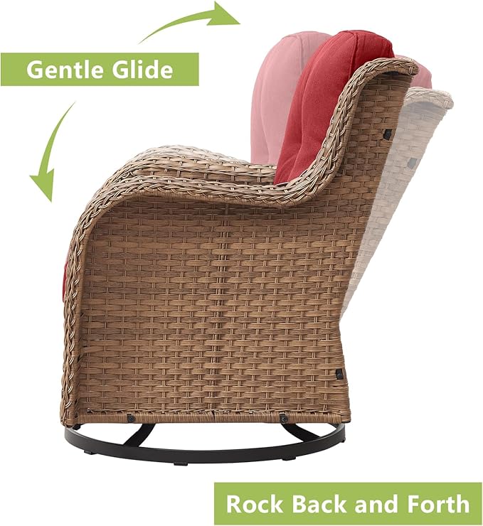 Outdoor Wicker Patio Furniture Set - 5 Piece Rattan Patio Conversation Set with 2 Rocking Swivel Chairs,2 Ottomans and 1 Sofa for Porch Deck Backyard Garden(Yellow/Red)