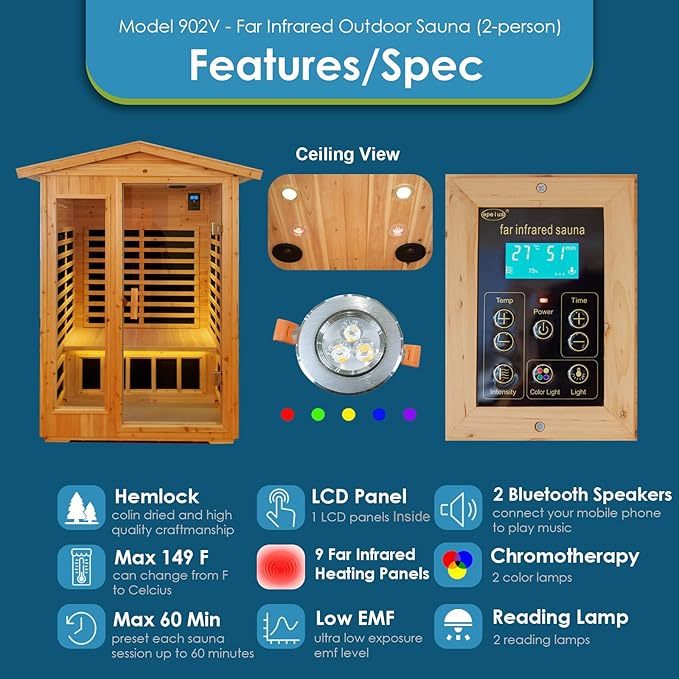Saunas 902V Far Infrared Sauna, Outdoor Wooden Dry Sauna Low EMF (Hemlock Wood, 2-Person Size)