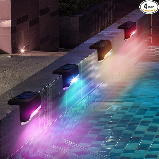Solar Pool Side Lights 4-Pack, Color Changing Waterproof Light up Swimming Pool Accessories Night, Outdoor LED Deck Lights for Stairs, Step, Fence, Yard, Patio, and Pathway Decor