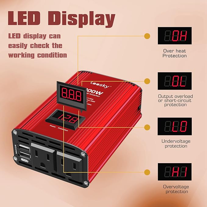 300W Car Power Inverter 12V DC to 110V AC Car Converter Adapter with LCD Display for Car Battery Status Monitor and Smart Fan Dual 4.8A USB Ports 2 AC Outlets LEESKY
