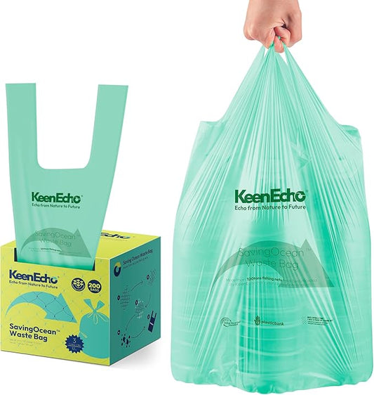 3 Gallon 200 Counts Small Green Trash Bags with Handle, Ocean Fishing Nets Upcycling, Sage & Sea Salt Scented, Plastic Garbage Bags, Waste Bag for Kitchen, Bathroom, Office and Pets