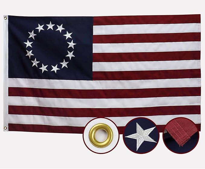 Betsy Ross Flag 3x5 Ft Deluxe Water Resistant Series 13 Stars Made From Heavy Duty Super Tough Spun Polyester/Embroidered Stars/Sewn Stripes/Brass Grommets,US Flags Perfect for Outside