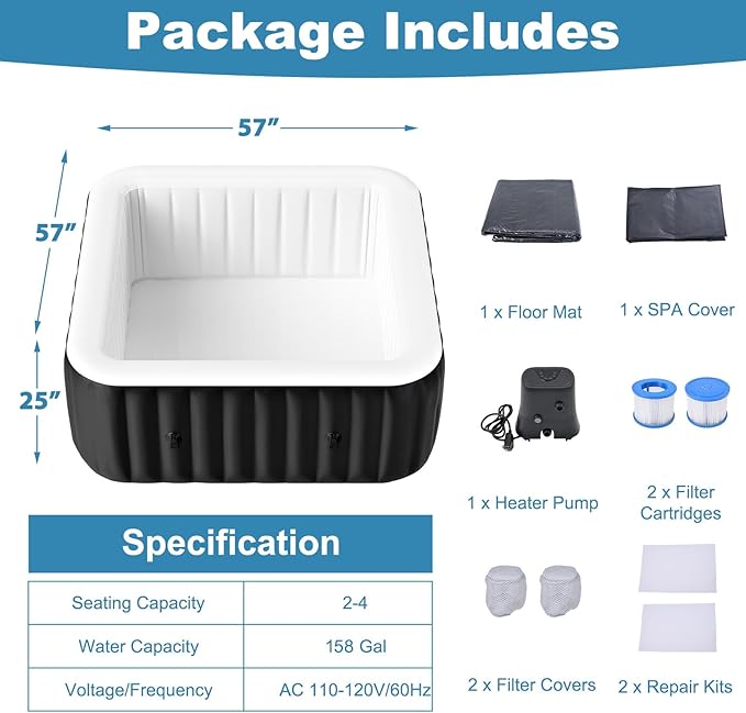 NAIZEA Inflatable Hot Tub - Outdoor Hot Tubs 2 to 4 Person, Portable Blow Up Spa Square Portable Hot Tub, 120 Soothing Bubble Air Jets, Cover, 2 Filter, 158 Gallon,57x57x25in