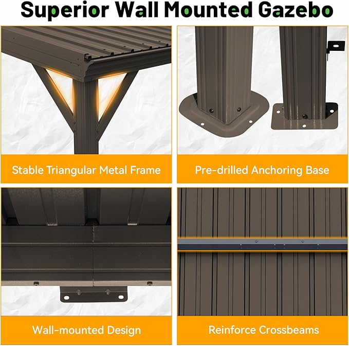 10x12FT Lean to Gazebo, Outdoor Hardtop Wall Mount Gazebo with Gutter & Sloping Galvanized Steel Roof, Metal Hard Top Awnings for Deck, Porch, Backyard-Brown