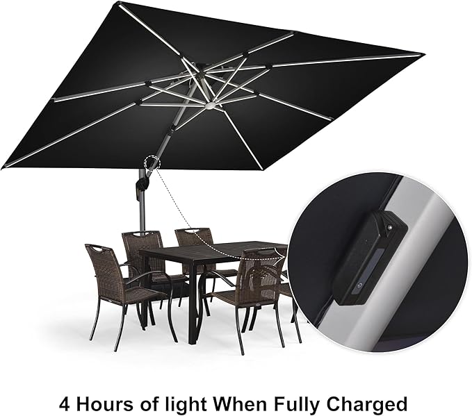 PURPLE LEAF 9' X 12' Solar Powered LED Rectangle Cantilever Umbrella With Base Patio Umbrellas Windproof Hanging Umbrella Outdoor Offset Umbrellas, Black