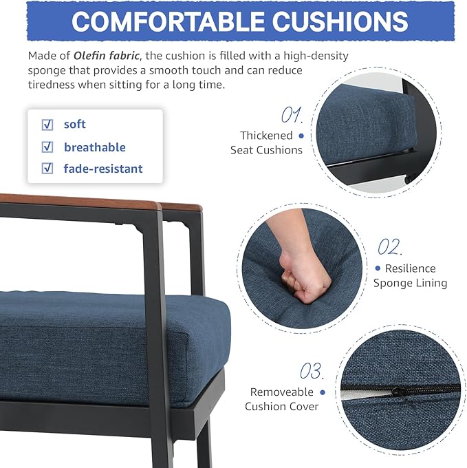 Soleil Jardin Aluminum Patio Furniture Set with FSC Certified Solid Wood Top Armrest & Coffee Table, Outdoor Deep Seating Sectional Sofa, 5 Piece Conversation Sets w/Removable Cushion, Denim Blue