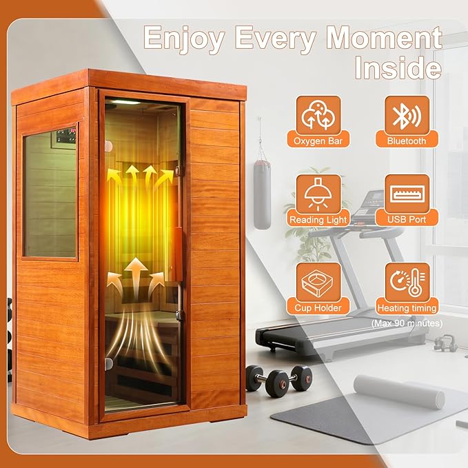 Far Infrared Sauna 1120W 110V, Low EMF Infrared Sauna with Red Light Therapy, Carbon Fiber Infrared Saunas 1 Person W/Bluetooth Speakers/Control Panel for Basement/Home Gym/Bathroom