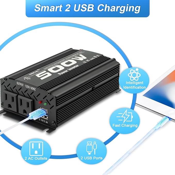 500W Modified Sine Wave Power Inverter DC 12V to AC 110V, Peak 1000Watt, Car Plug Inverter Adapter Power Converter with 4.2A Dual USB Charging Ports Black