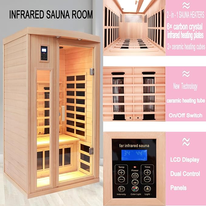 Ceramic Infrared Sauna, 2 Person Infrared Saunas for Home, Hemlock Wood Sauna Room, 2 in 1 Indoor Sauna with Low EMF Heaters + Ceramic Heating Cubes-Chromotherapy-Bluetooth Speaker