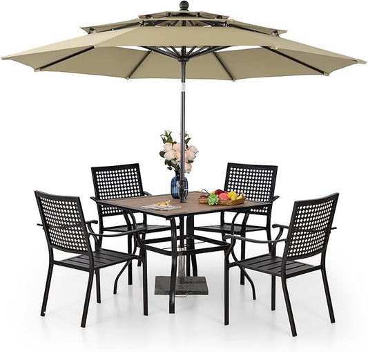 PHI VILLA 5 Pieces Patio Dining Set for 4 with 10ft Patio Umbrella, Metal Outdoor Stackable Wrought Iron Chair Set of 4 & 37" Metal Wood-Like Dining Table,3 Tier Vented Market Table Beige Umbrella