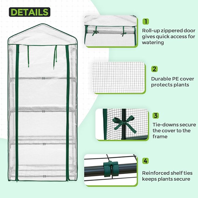 EAGLE PEAK 4-Tier Mini Greenhouse Portable Green House with Shelves & Weather-Resistant PE Cover, Small Greenhouse for Seedlings & Gardening Gifts, 27x19x64 in, Clear/White