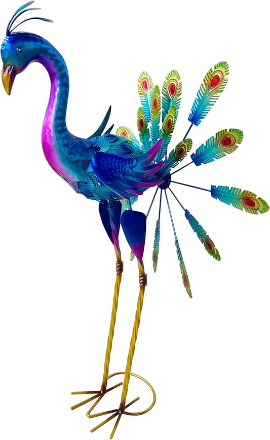 Decorative Metal Peacock Garden Statue, Iridescent Blue Purple Finish, Outdoor Lawn Ornament with Feather Display