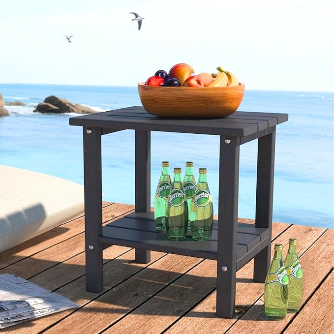 OTSUN Weather Resistant Outdoor Side Table, Adirondack HDPE Small Outdoor Table, 2-Tier Small Patio Tables for Outside or Indoor, Black