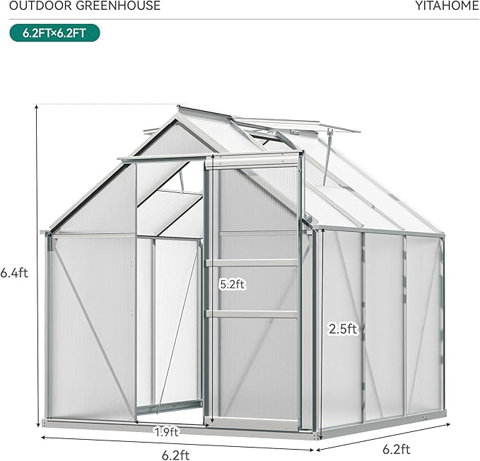 YITAHOME 6x6FT Polycarbonate Greenhouse Heavy Duty Green Houses Outdoor Greenhouses Aluminum Sliding Doors Vent Window Large Sun House for Garden Backyard, Silver