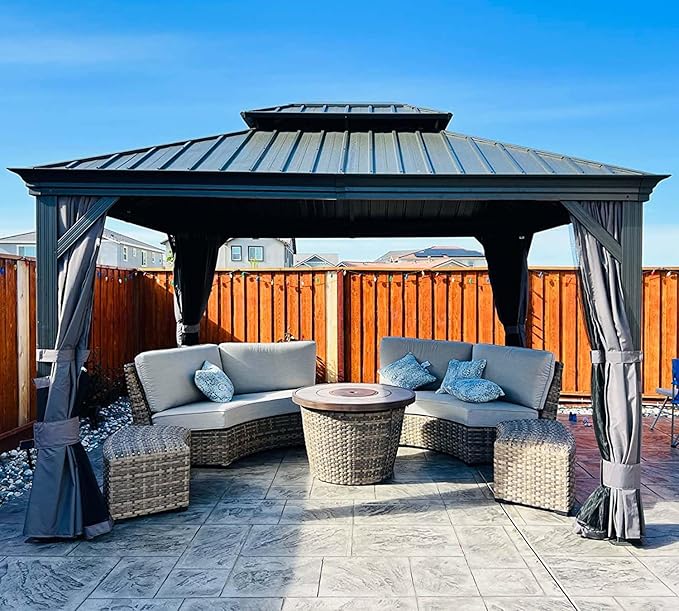 Domi 10' X 12' Hardtop Gazebo Outdoor Metal Gazebo with Galvanized Steel Double Roof Canopy, Aluminum Frame, Curtains and Netting for Patio, Deck, Garden, Grey