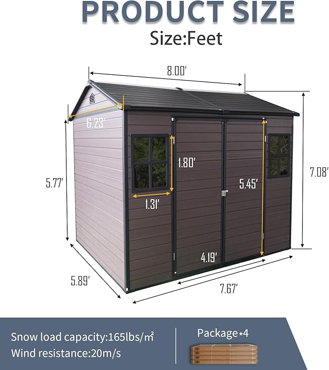 8x6 FT Resin Storage Sheds Outdoor with Floor, 2 Windows & Lockable Door Storage Shed - Waterproof Garden Tool Shed, Patio & Backyard Tool Storage Cabinet Use - Brown
