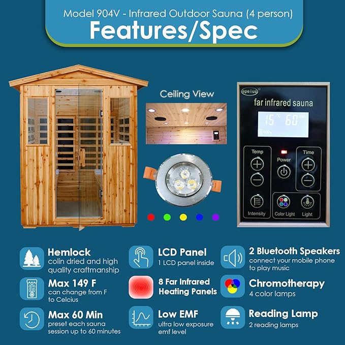 Saunas 904V Far Infrared Sauna, Outdoor Wooden Dry Sauna Low EMF (Hemlock Wood, 4-Person Size)